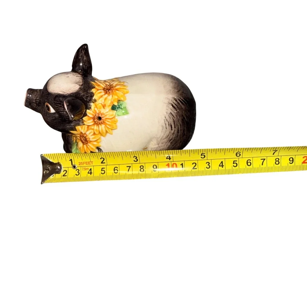 Fitz and Floyd Vintage Pig Figurine with Sunflower Crate Black White Ceramic